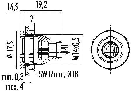 Rysunek techniczny złącza wtykowego z wymiarami: wymiar zewnętrzny 16,9 mm, wymiar wewnętrzny 19,2 mm, gwint M14x0,5, klucz 17 mm.