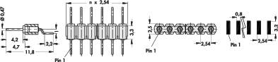 Diagram złącza elektronicznego, przedstawiający wymiary w milimetrach, różne widoki i przekroje prezentujące budowę techniczną.