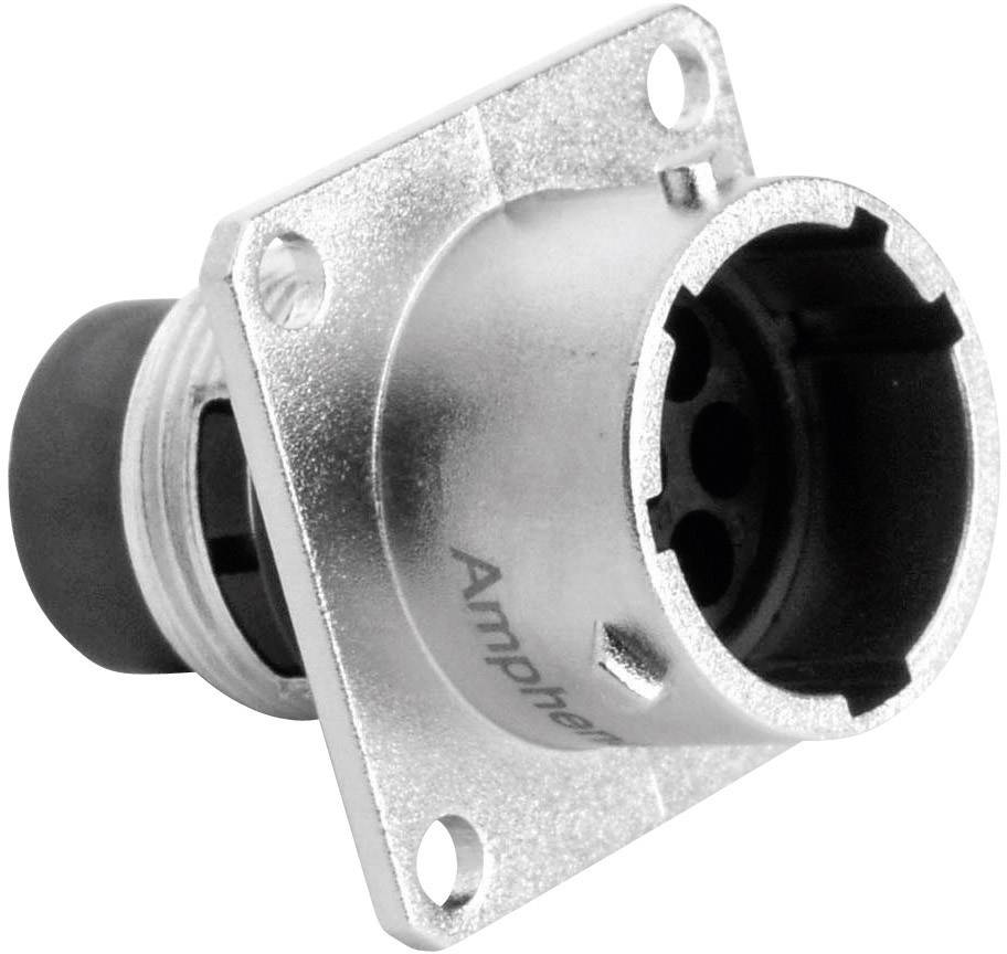 Srebrne, okrągłe gniazdo wtykowe z czterema otworami, zamontowane na kwadratowej płytce metalowej z otworami śrubowymi w narożnikach.