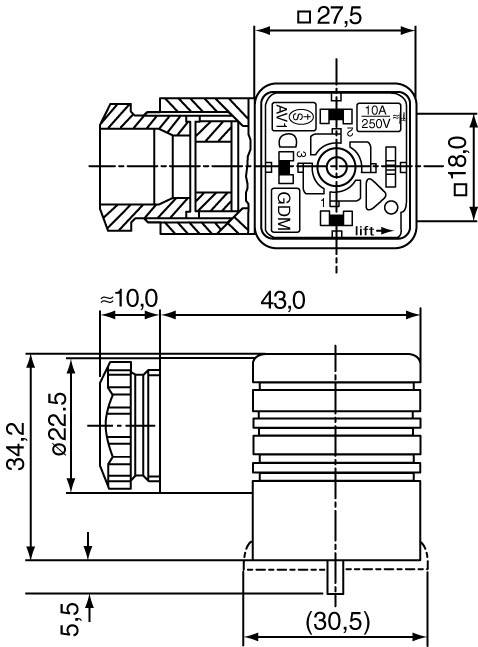 Rysunek techniczny złącza elektrycznego z oznaczeniami wymiarów w milimetrach, określającymi wysokość, szerokość i inne parametry geometryczne.