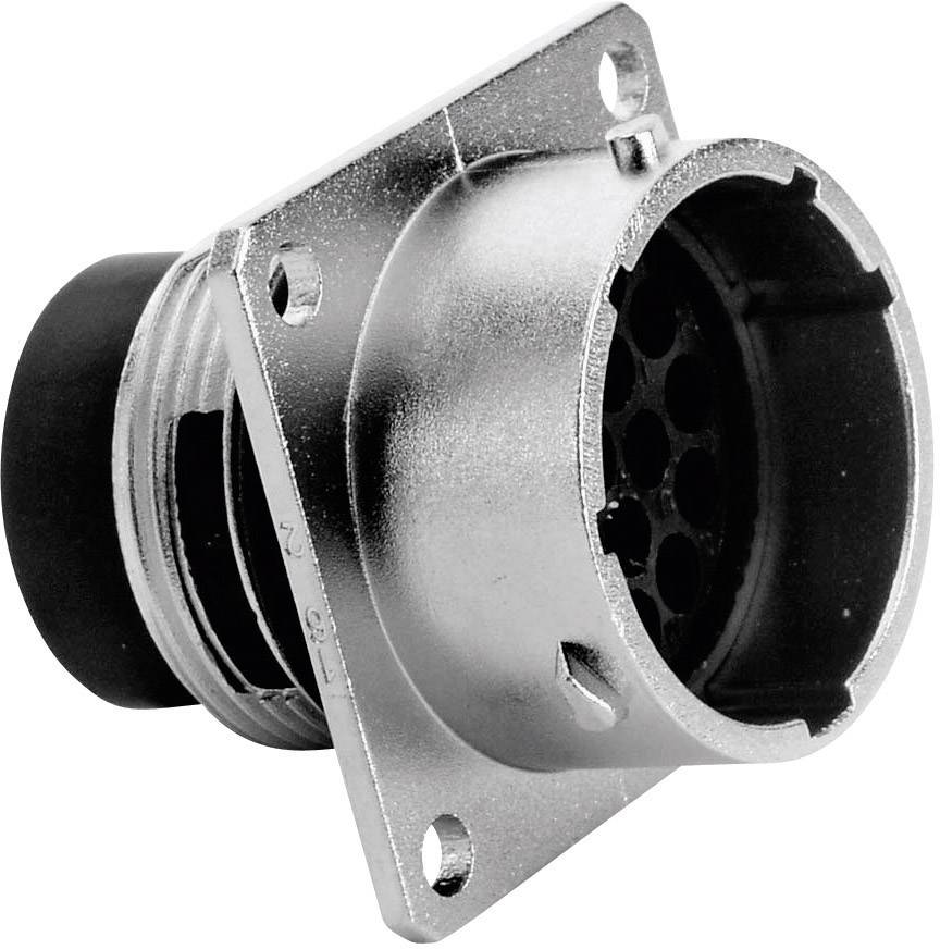 Okrągłe złącze metalowe o 12 stykach, najczęściej stosowane do połączeń elektrycznych, na białym tle.