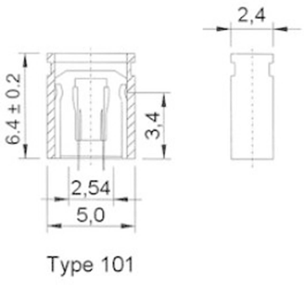 Rysunek techniczny elementu, typ 101. Wymiary: wysokość 6,4 mm ± 0,2, szerokość 2,4 mm, głębokość 5 mm, wymiar wewnętrzny 2,54 mm.