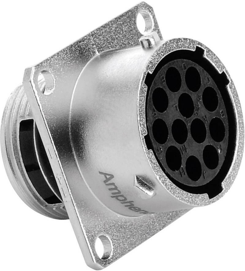 Okrągły, wielobiegunowy wtyk metalowy z kwadratową nakładką mocującą. Nazwa marki wygrawerowana z boku.