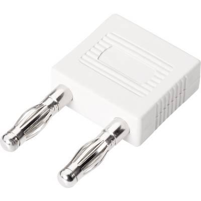 Biały adapter elektrotechniczny z dwoma metalowymi wtyczkami bananowymi.