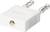 Biały adapter wtykowy z dwoma metalowymi stykami i gniazdem do podłączania przewodów audio.
