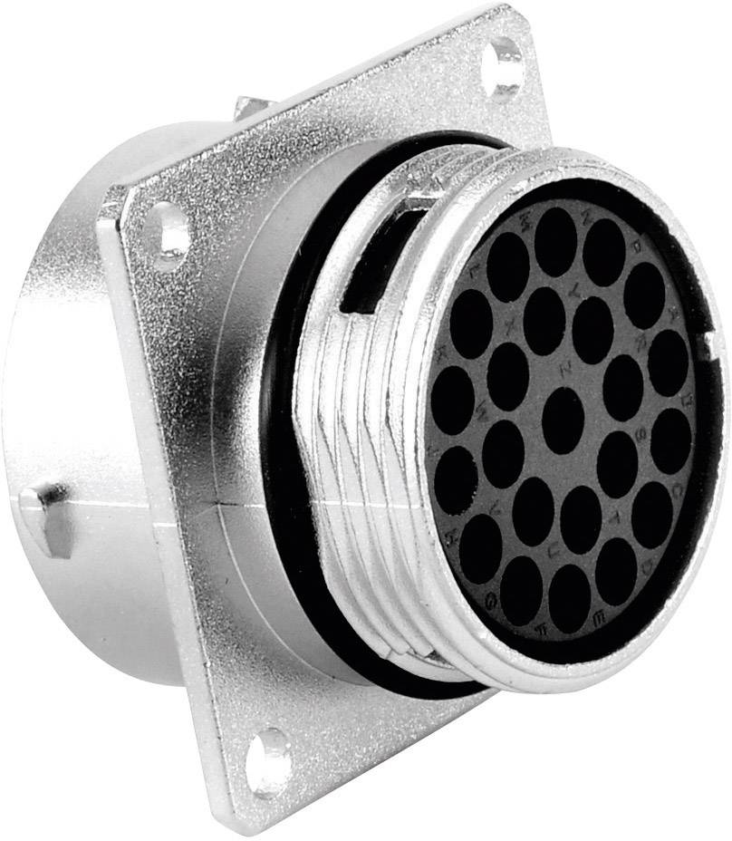 Okrągła wtyczka z wieloma punktami przyłączeniowymi w srebrnej, metalowej obudowie, przeznaczona do połączeń elektrycznych.