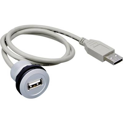 Przedłużacz USB: Po lewej gniazdo montażowe, po prawej standardowa wtyczka USB, w kolorze szarym, odpowiedni do podłączenia urządzenia.