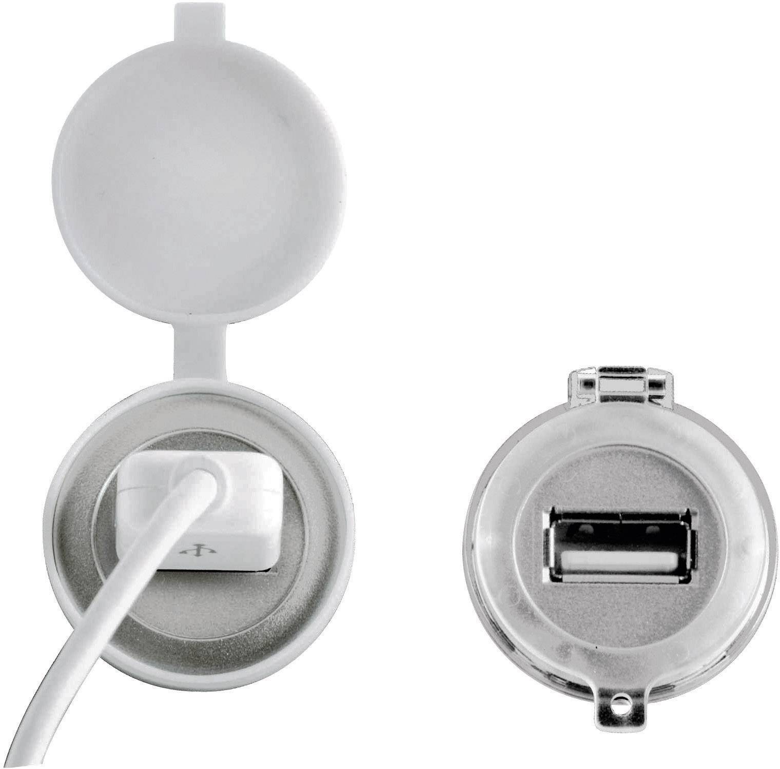 Gniazdo elektryczne po lewej stronie z podłączonym kablem USB i drugie gniazdo po prawej stronie bez wtyczki. Oba z osłonami.