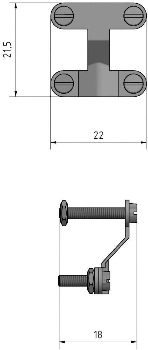Rysunek techniczny wspornika z wymiarami: widok z góry przedstawia szerokość 22 mm, wysokość 21,5 mm; widok z boku o szerokości 18 mm.