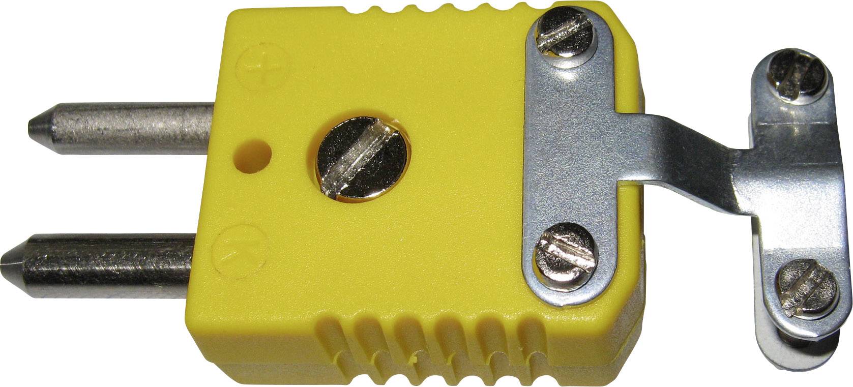 Żółty wtyk termopary z dwoma metalowymi stykami i metalowym zaciskiem do pewnego połączenia w systemach pomiarowych temperatury.