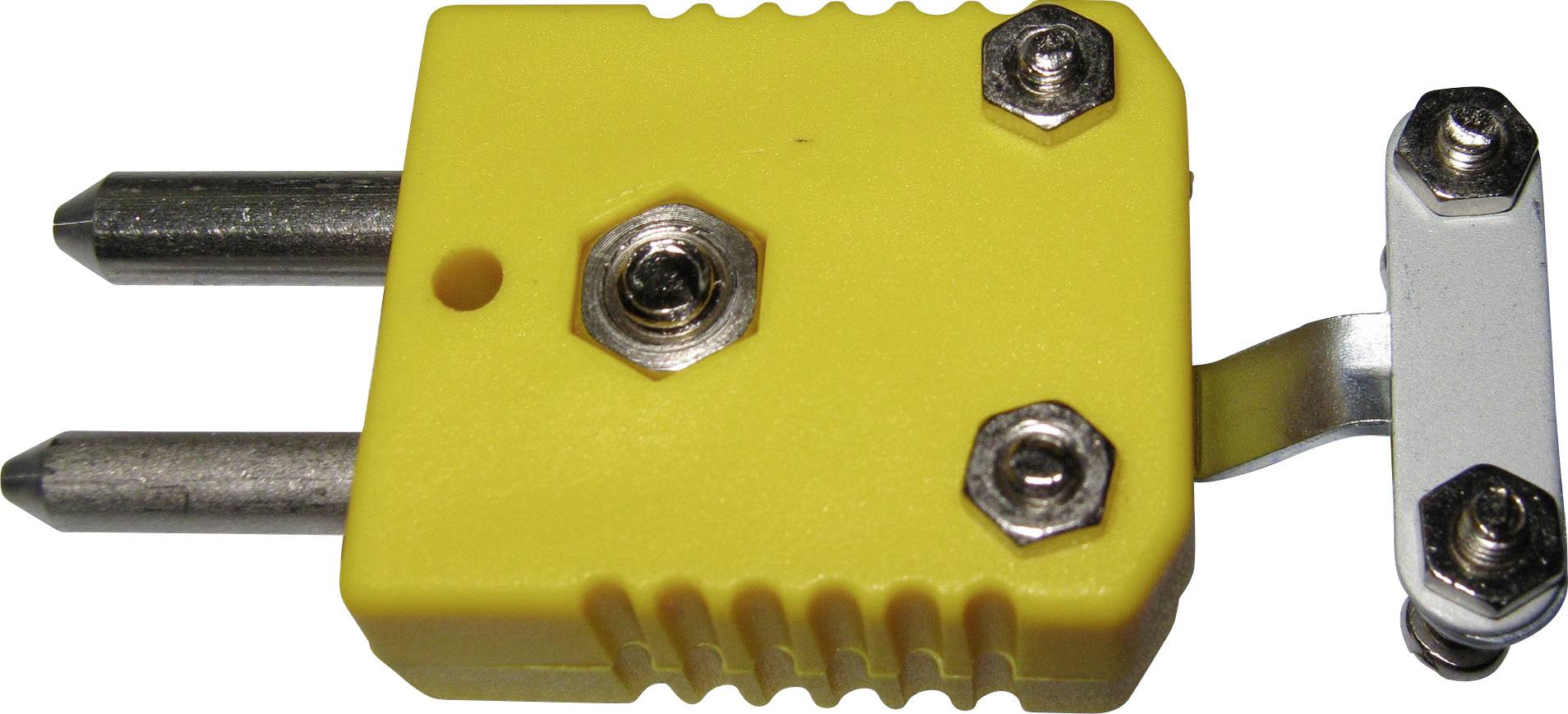 Żółty wtyk termopary z dwoma metalowymi stykami i trzema śrubami do podłączania i mocowania przewodów termoparowych.