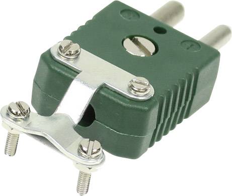 Zielony wtyk elektroniczny z dwoma metalowymi stykami i trzema śrubami.