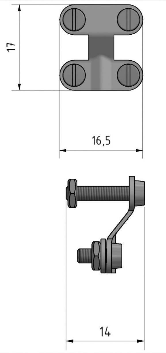Rysunek techniczny mocowania metalowego z czterema otworami na śruby. Wymiary: szerokość 16,5, wysokość 17, głębokość 14.