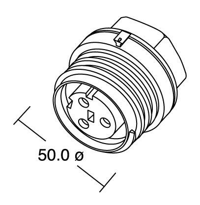 Rysunek liniowy złącza okrągłego o średnicy 50,0 mm. Przedstawia gwint i trzy styki wtykowe, widok perspektywiczny.