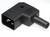 Czarny adapter kątowy z prostokątnym złączem i okrągłym wyjściem kablowym; stosowany do podłączania urządzeń elektronicznych.