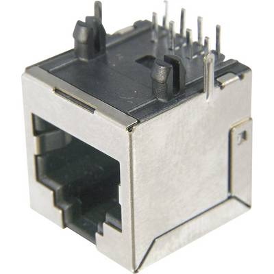 Srebrne złącze RJ45 z wieloma metalowymi stykami od góry, używane do połączeń Ethernet w sieciach komputerowych.