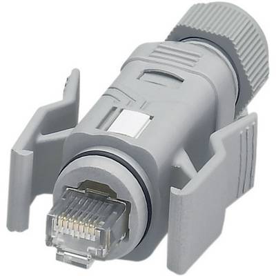 Szary wtyk RJ45 z plastikową obudową i bocznymi zatrzaskami, typowy dla połączeń sieciowych lub Ethernet.