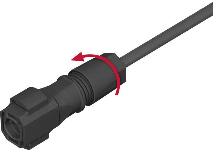 Czarny kabel z wtyczką. Czerwona strzałka wskazuje obrót, co sugeruje zabezpieczenie lub instalację.