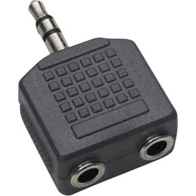 Czarny adapter rozgałęziający audio z wtyczką 3,5 mm u góry i dwoma gniazdami u dołu. Idealny do podłączenia dwóch słuchawek do jednego urządzenia.
