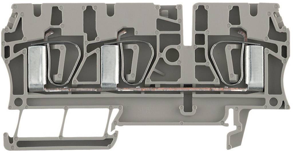 Szary blok rozdzielczy z zaciskami metalowymi wewnętrznymi. Stosowany w tablicach elektrycznych do łączenia przewodów.