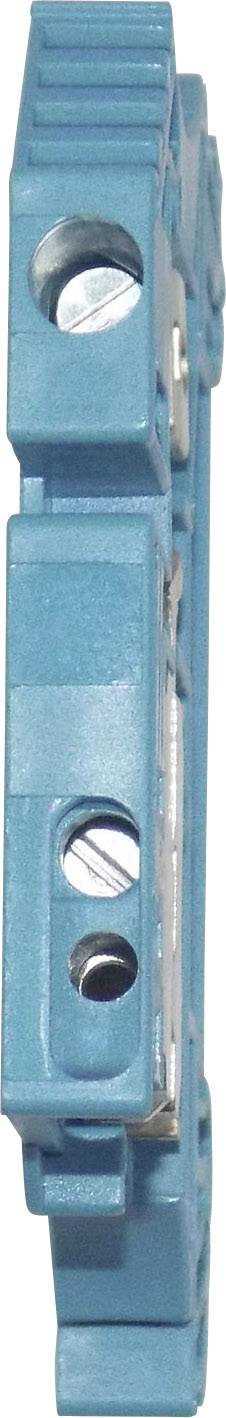 Niebieski, wydłużony złącznik z tworzywa sztucznego z widocznymi dwoma śrubami, prawdopodobnie element instalacji elektrycznej lub projektu majsterkowicza.