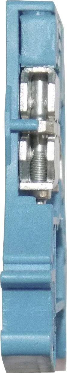 Zbliżenie niebieskiego zacisku elektrycznego z widokiem bocznym metalowych styków i śruby, widocznych przez otwartą strukturę.