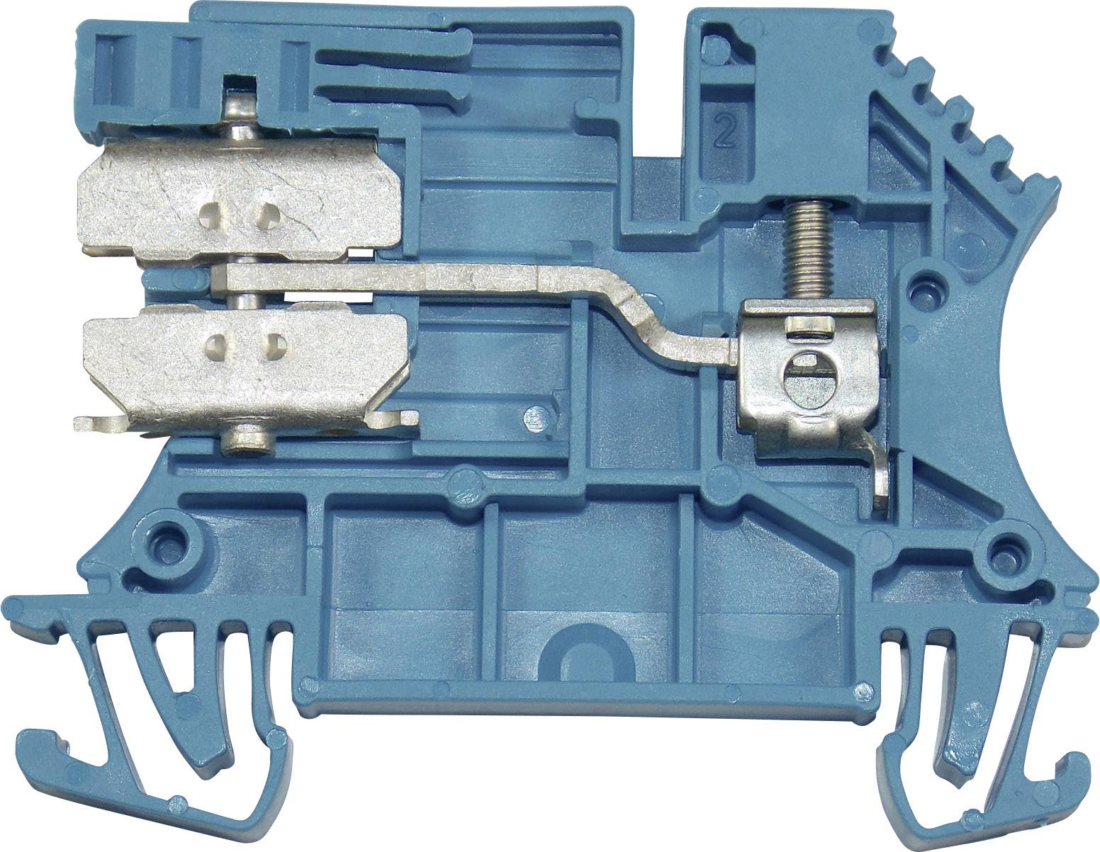 Niebieski, prostopadłościenny elektryczny blok zaciskowy z elementami metalowymi służący do łączenia przewodów w obwodzie elektrycznym lub instalacji.