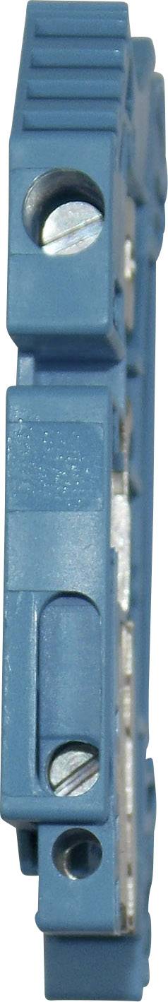 Niebieski elektryczny blok zacisków przyłączeniowych widziany z boku, z widocznymi śrubami do mocowania i podłączenia przewodów.