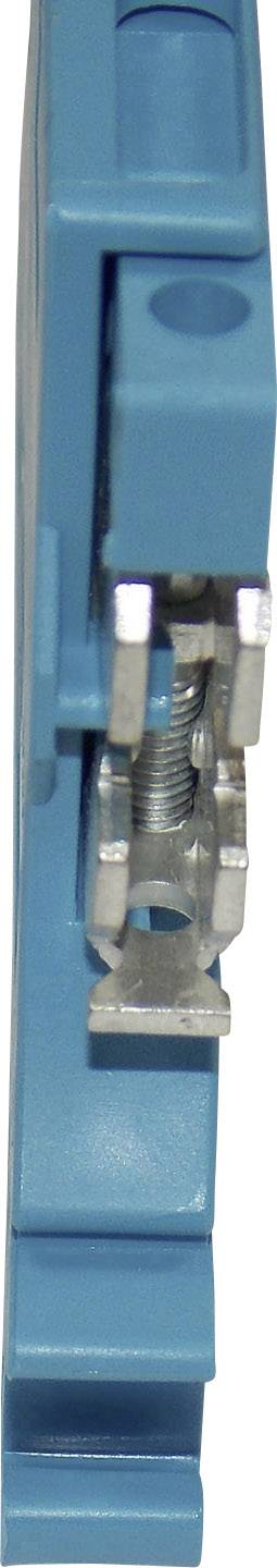 Niebieski ściągacz izolacji z drutu, wyposażony w metalową sprężynę pośrodku, służący do usuwania izolacji z przewodów.