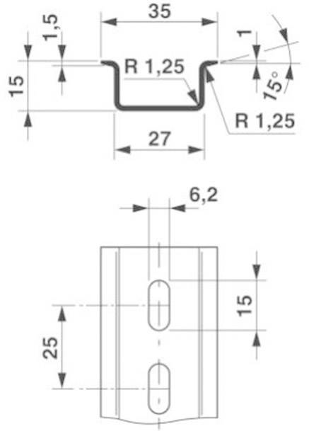 Rysunek techniczny profilu z wymiarowaniem. U góry widok przekroju: szerokość 35 mm, wysokość 15 mm. Na dole widok z przodu: wysokość 25 mm, szerokość 6,2 mm.