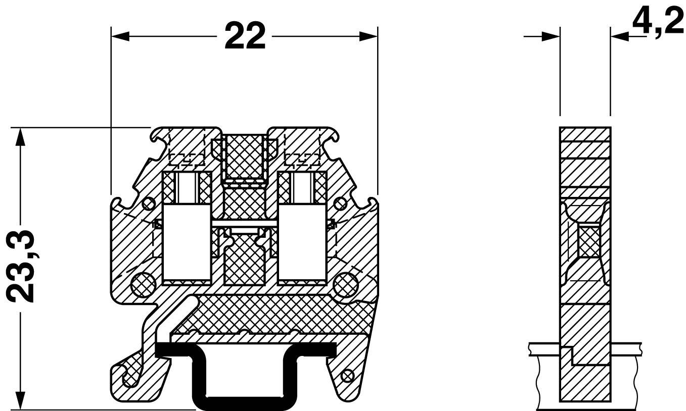 Przekrój poprzeczny elementu technicznego z wymiarami: szerokość 22 mm, wysokość 23,3 mm, wysokość detalu 4,2 mm.