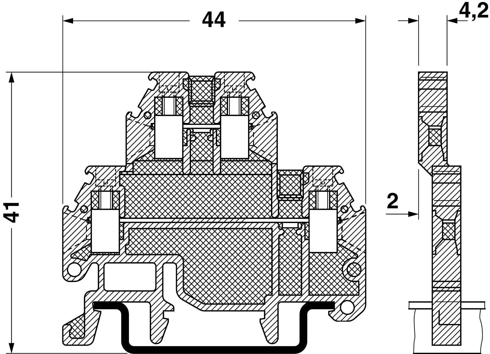 Przekrój poprzeczny technicznego rysunku dwutorowego profilu kolejowego z wymiarami: szerokość 44 mm, wysokość 41 mm, grubość górnej części 4,2 mm.