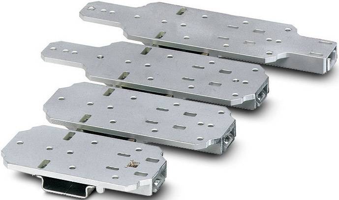 Cztery uchwyty metalowe w różnych rozmiarach leżą obok siebie, prezentując prostokątne i perforowane wzory.