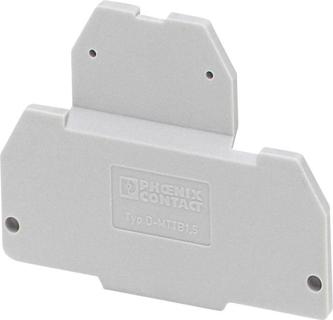 Szary zaślepka końcowa firmy Phoenix Contact, typ D-MTTB 1,5, służąca do zabezpieczania zacisków na szynie montażowej.