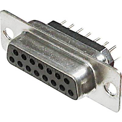 15-stykowo złącze D-Sub (żeńskie) wykonane z metalu, posiadające dwa otwory montażowe i jeden rząd pinów, przeznaczone do zastosowań elektronicznych.