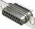 15-stykowo złącze D-Sub (żeńskie) wykonane z metalu, posiadające dwa otwory montażowe i jeden rząd pinów, przeznaczone do zastosowań elektronicznych.
