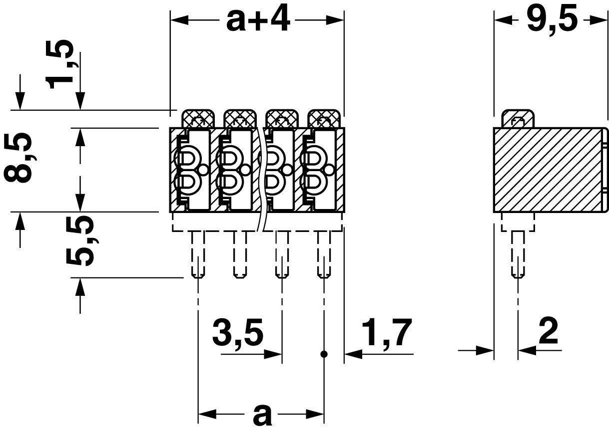 Rysunek techniczny złącza ze wskazanymi wymiarami: szerokość, wysokość i rozmieszczenie pinów kontaktowych są dokładnie określone.