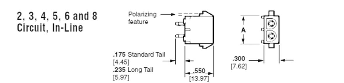 'Obwód 2, 3, 4, 5, 6 i 8, inline.' Diagram przedstawia: polaryzację, standardowe i długie styki, wymiary A i 0,300 cala.