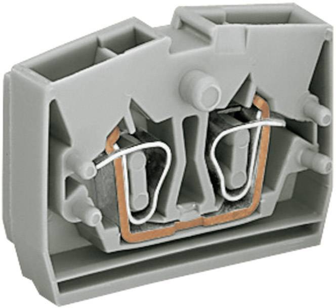 Szara elektryczna złączka zaciskowa z dwoma przewodami miedzianymi i mechanizmami łączącymi, stosowana do połączeń elektrycznych w rozdzielniach elektrycznych.