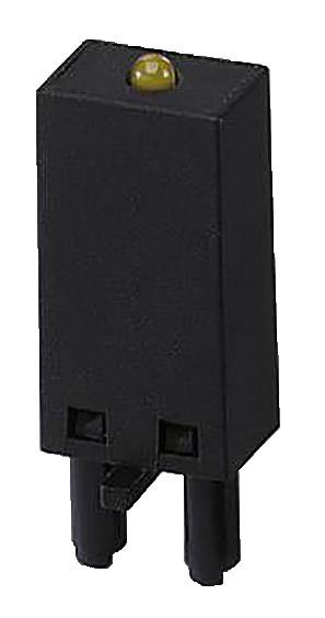 Czarny, prostokątny wtyk plastikowy z dwoma dolnymi stykami i małym żółtym oznaczeniem na górze.