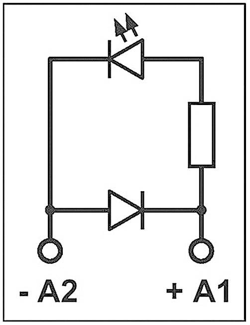 Schemat elektryczny przedstawia połączenie szeregowe z diodą LED, dwoma diodami oraz rezystorem umieszczonymi między zaciskami -A2 i +A1.