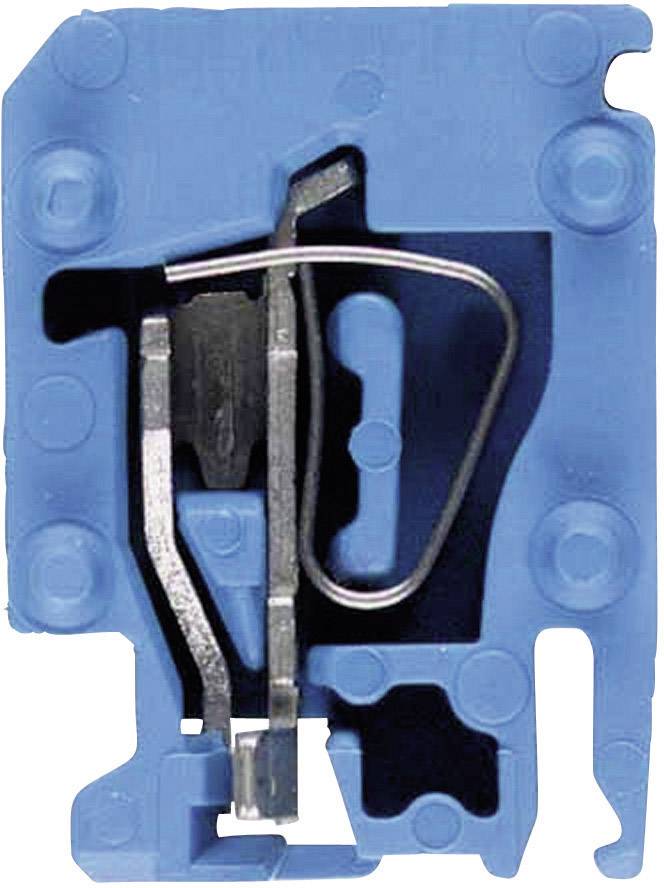 Przekrój niebieskiego włącznika elektrycznego, ukazujący wewnętrzne komponenty, takie jak metalowe styki i przewód do przewodzenia prądu.