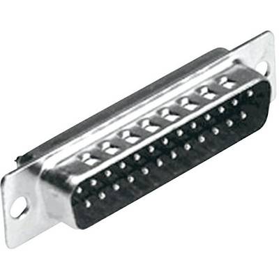 Wtyk DB-25 z 25 metalowymi stykami ułożonymi w dwóch rzędach, stosowany w interfejsach równoległych lub szeregowych w sieciach komputerowych.