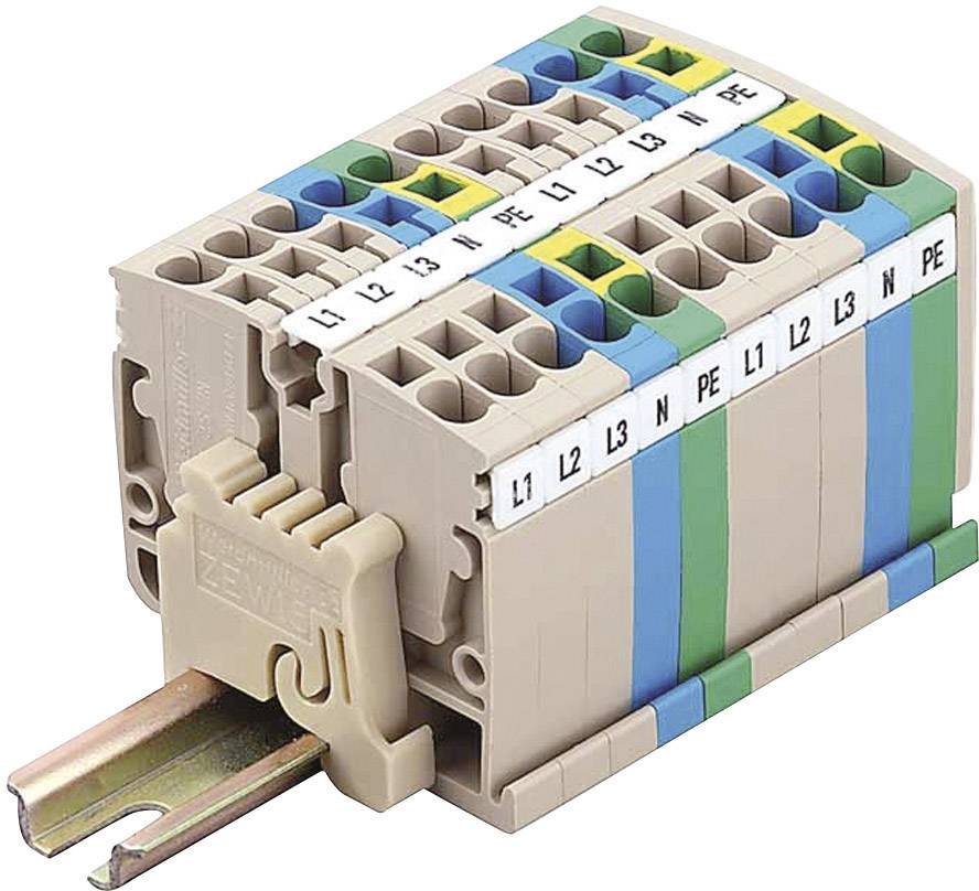 Wielostopniowy blok zaciskowy na szynie DIN z wieloma złączami w różnych kolorach. Oznaczony etykietami 'L1', 'L2', 'L3', 'N', 'PE'.