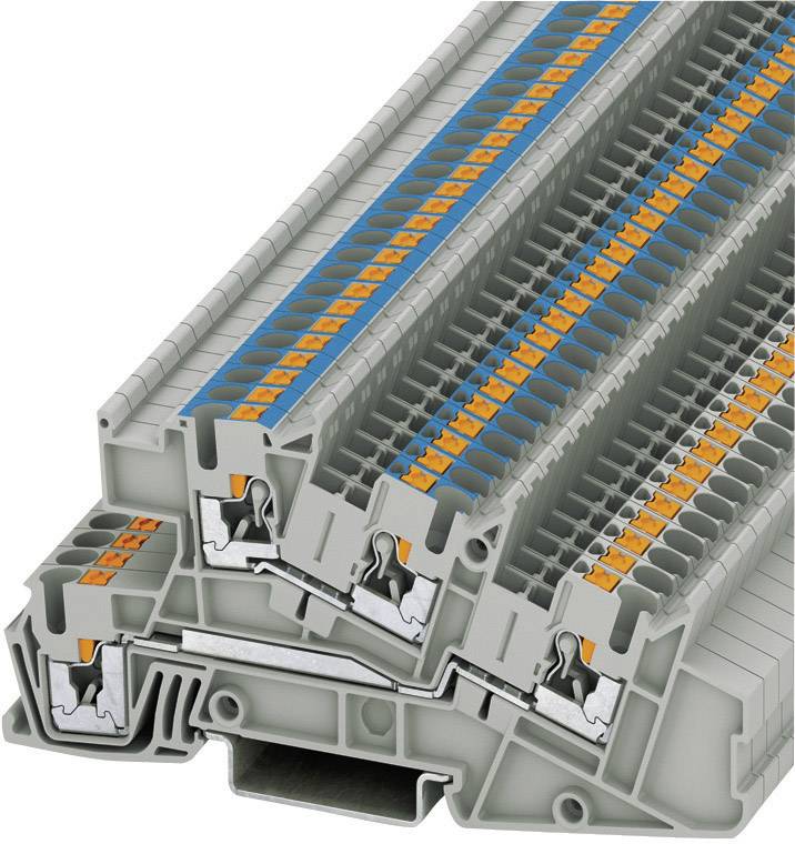 Blok zacisków kablowych wielowarstwowy z zaciskami kodowanymi kolorystycznie. Górna powierzchnia prezentuje niebieskie i pomarańczowe oznaczenia.
