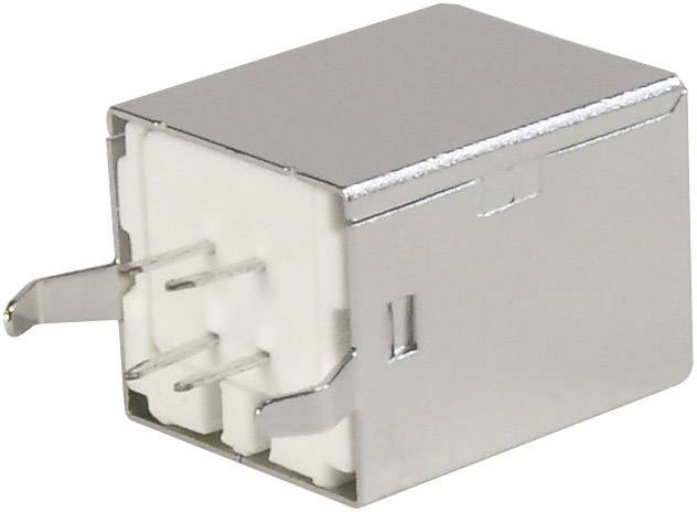 Srebrowa metalowa obudowa złącza USB Typ-B z odkrytymi stykami, odpowiednia do montażu na płytce drukowanej.