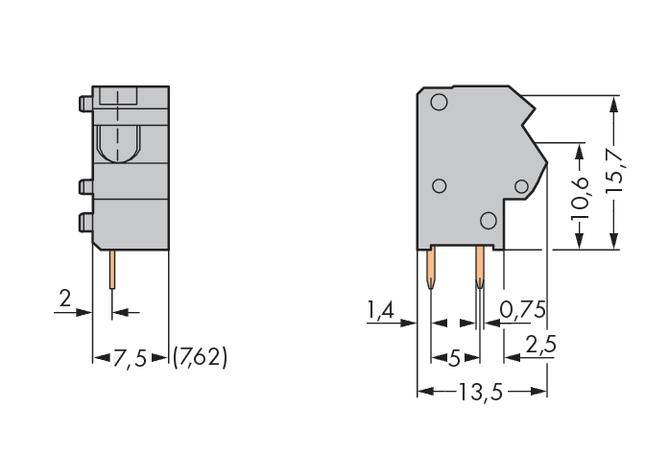 Rysunek techniczny przełącznika elektrycznego z wymiarami w milimetrach: wysokość 15,7 mm, szerokość 13,5 mm, głębokość 7,5 mm.