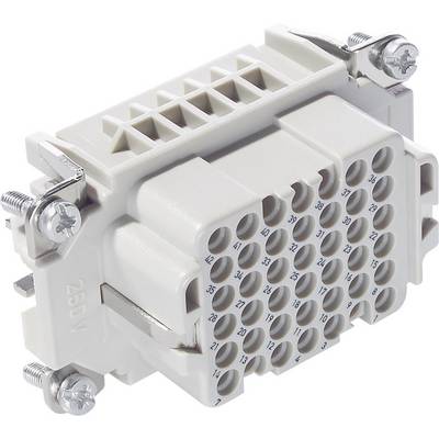 Prostokątna przemysłowa wtyczka zasilająca z ponad 40 okrągłymi gniazdami, śrubami na rogach, przeznaczona do zastosowań wysokonapięciowych.