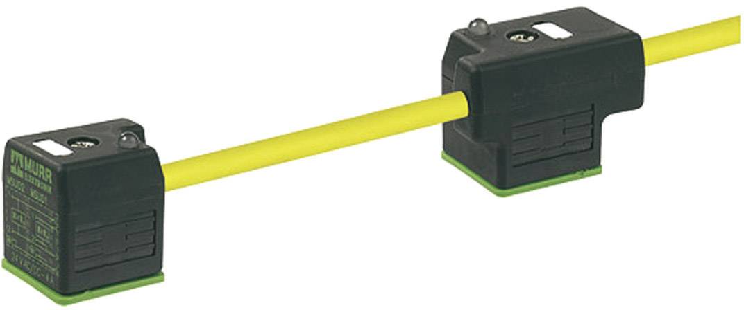 Żółty kabel przebiega między dwoma czarnymi, sześciennymi urządzeniami. Urządzenia trzymają kabel równolegle względem siebie.