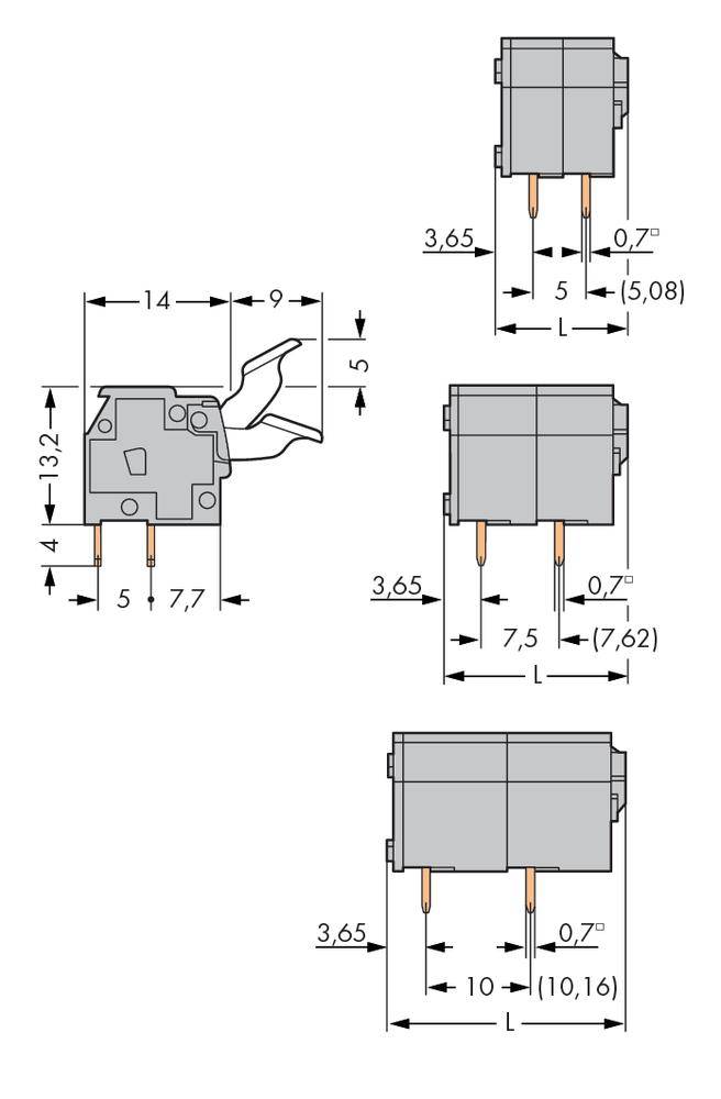 Wymiary elektrycznych złączy wtykowych w różnych widokach. Wymiary podane w milimetrach. Główne wymiary: szerokość, wysokość, rozstaw pinów.